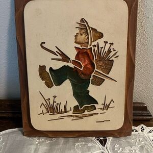 Vintage Chalkware Wall Art with Boy Design, some small chips along edge